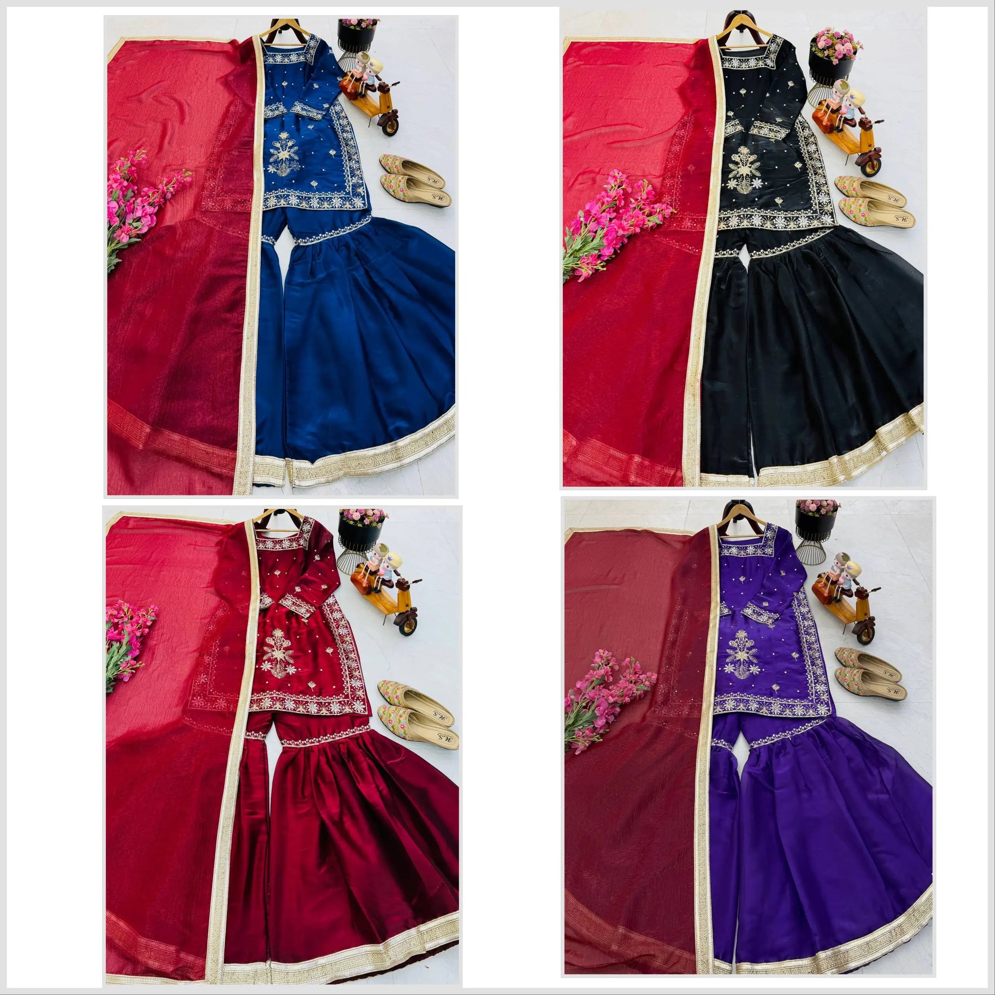 Chinon Silk Embroidered Kurti Palazzo Set with Dupatta