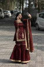 Chinon Silk Embroidered Kurti Palazzo Set with Dupatta