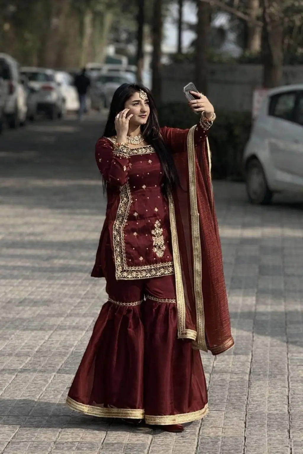 Chinon Silk Embroidered Kurti Palazzo Set with Dupatta