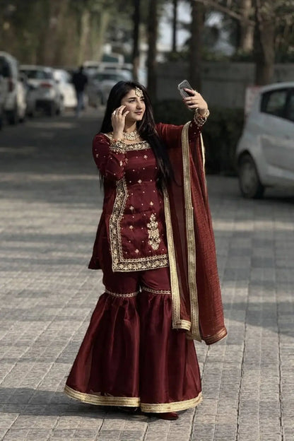 Chinon Silk Embroidered Kurti Palazzo Set with Dupatta