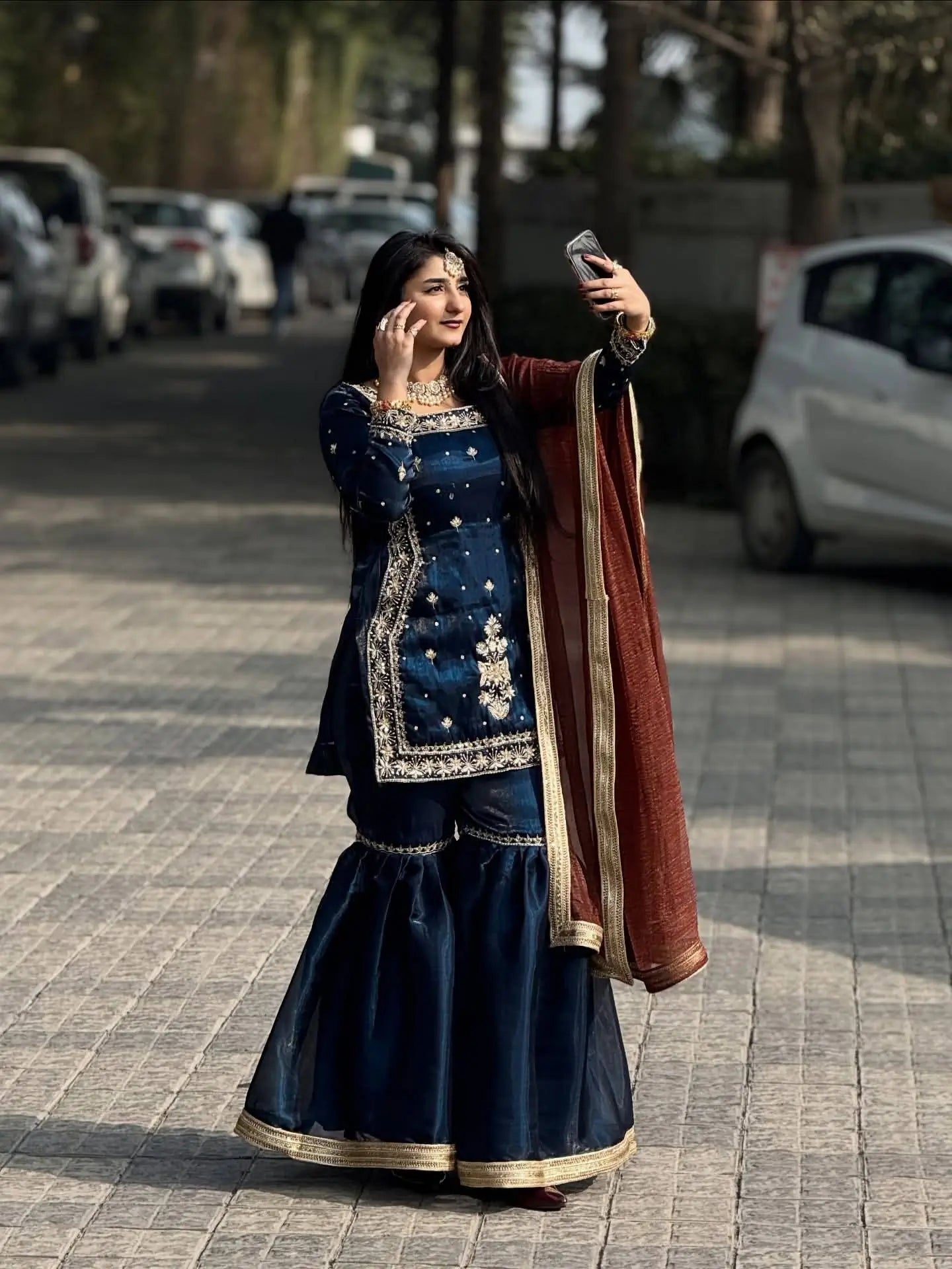 Chinon Silk Embroidered Kurti Palazzo Set with Dupatta
