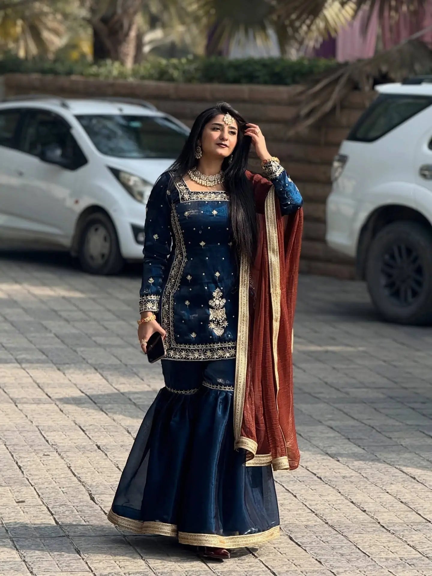 Chinon Silk Embroidered Kurti Palazzo Set with Dupatta