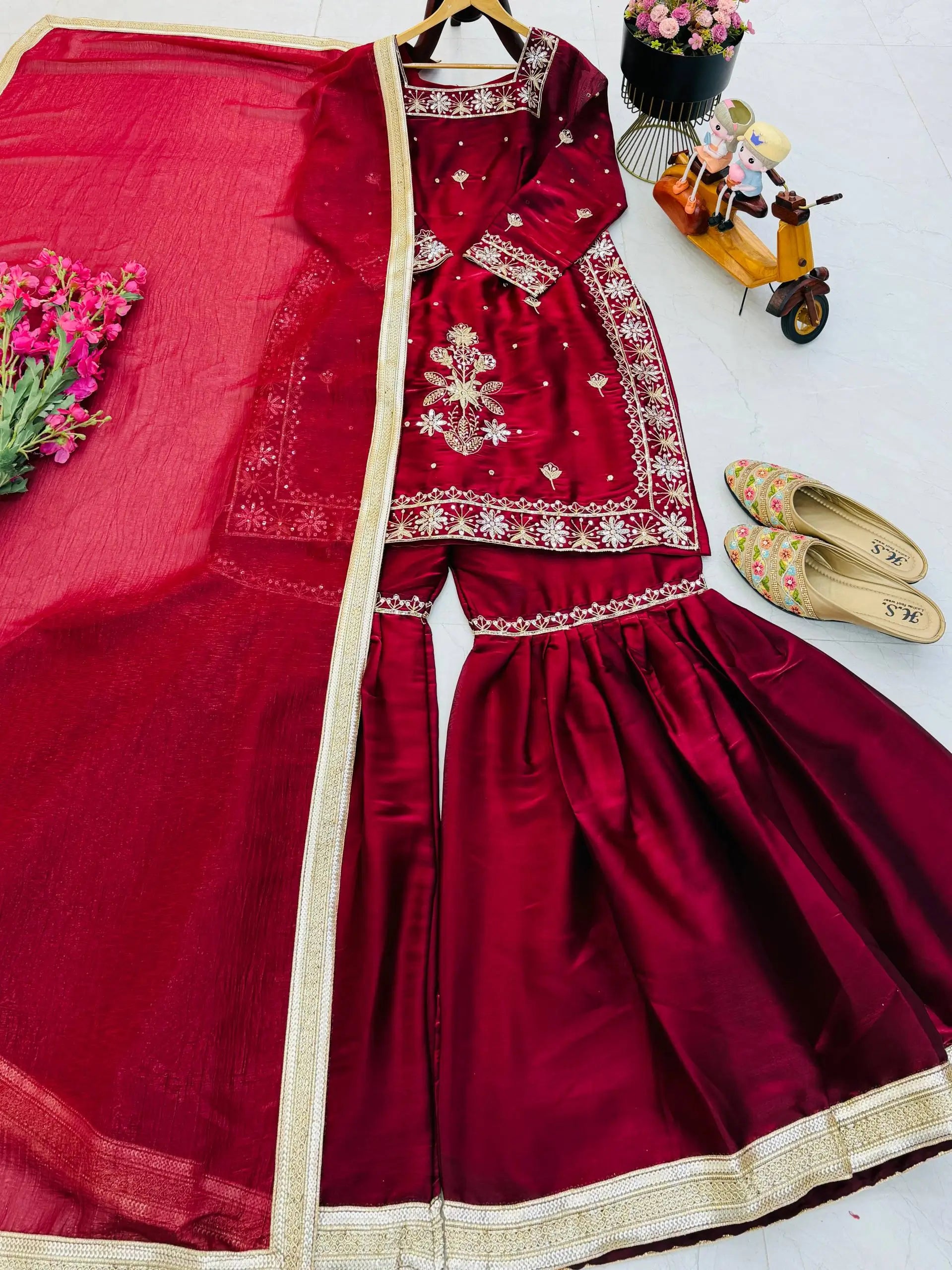 Chinon Silk Embroidered Kurti Palazzo Set with Dupatta