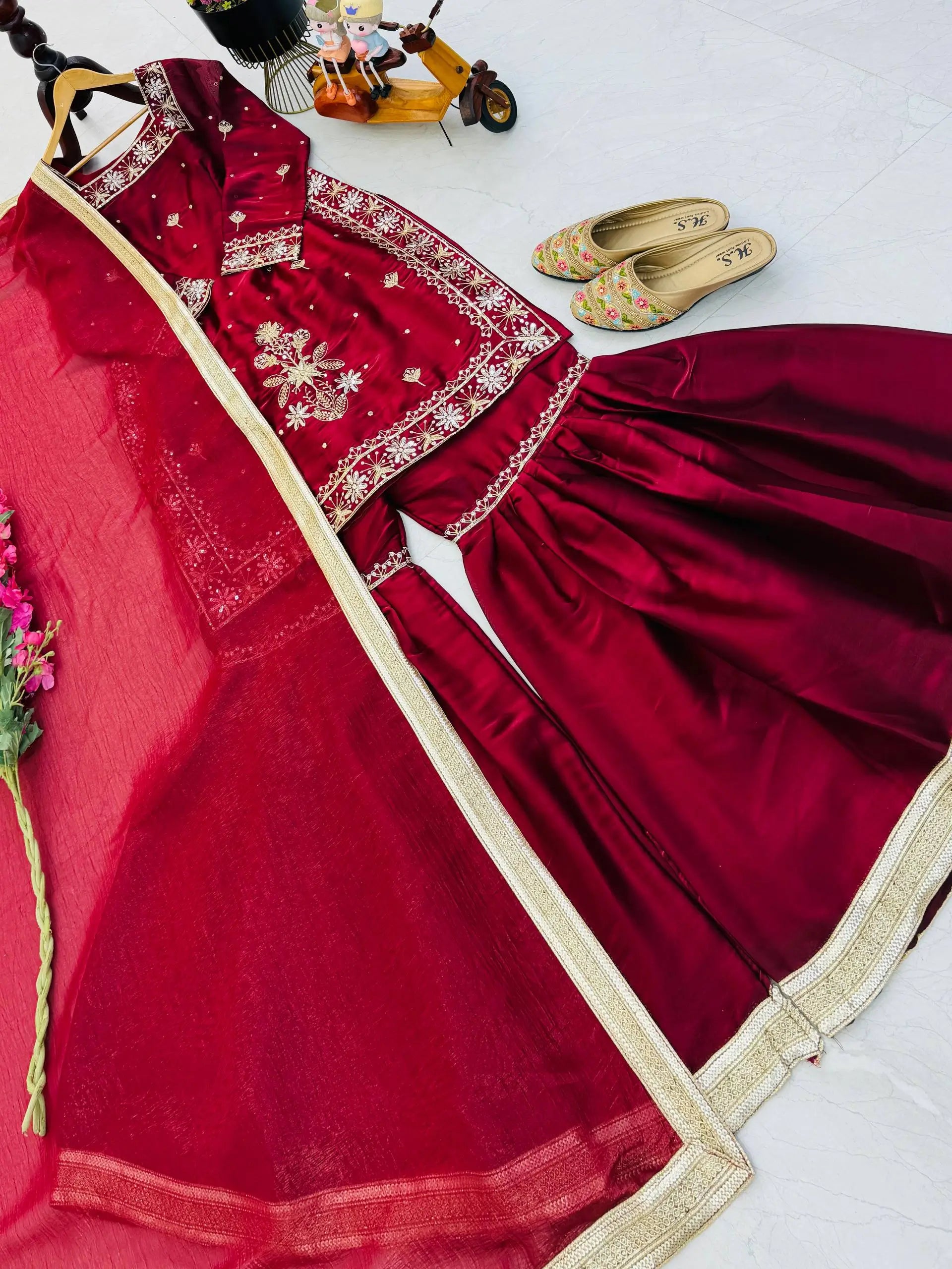 Chinon Silk Embroidered Kurti Palazzo Set with Dupatta