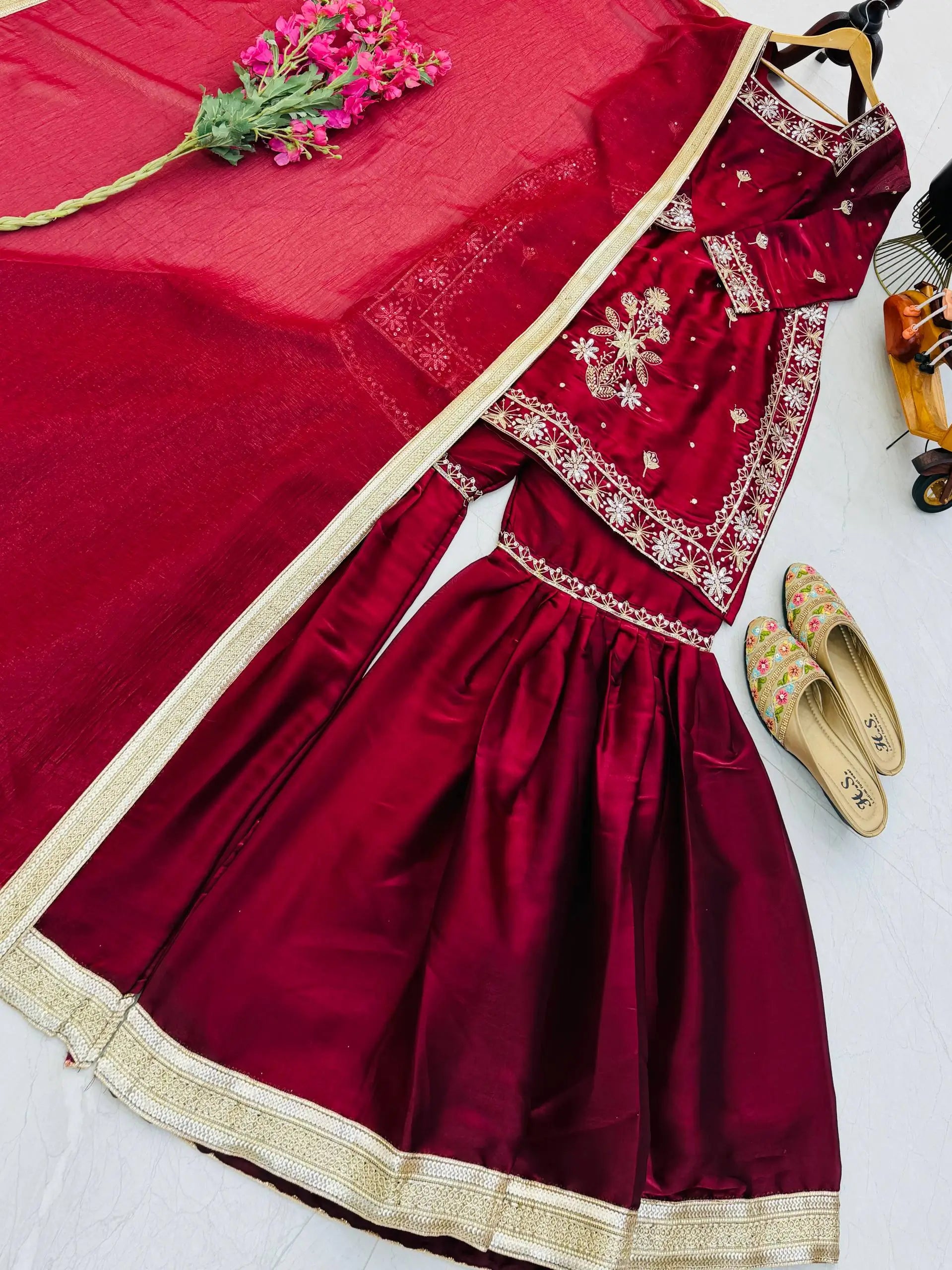 Chinon Silk Embroidered Kurti Palazzo Set with Dupatta