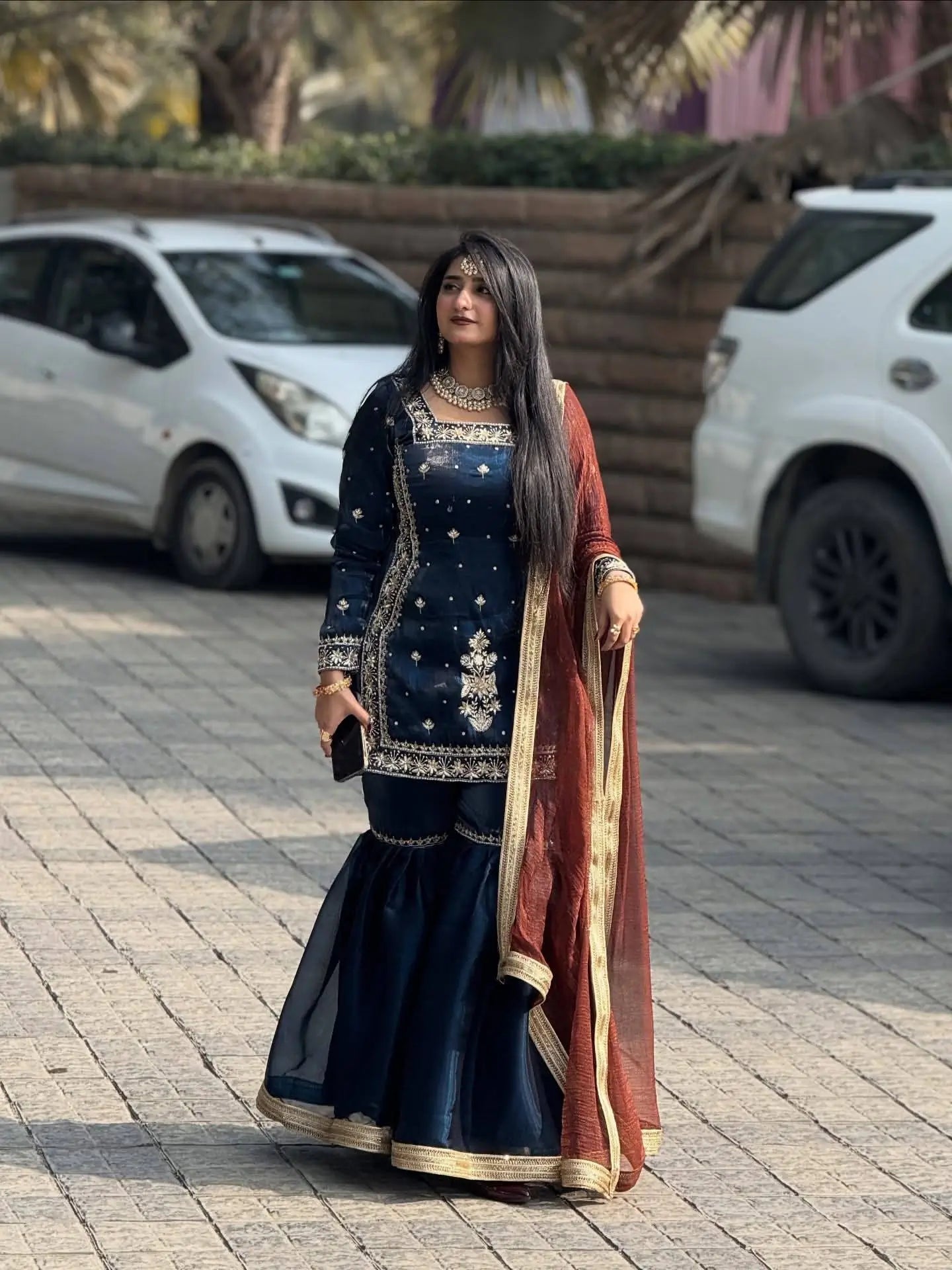 Chinon Silk Embroidered Kurti Palazzo Set with Dupatta