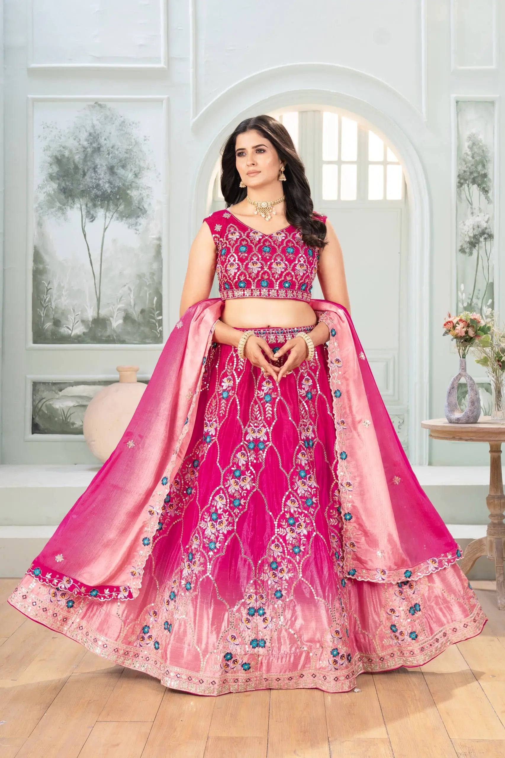 Chinon Silk Embroidered Lehenga Choli with Georgette Dupatta