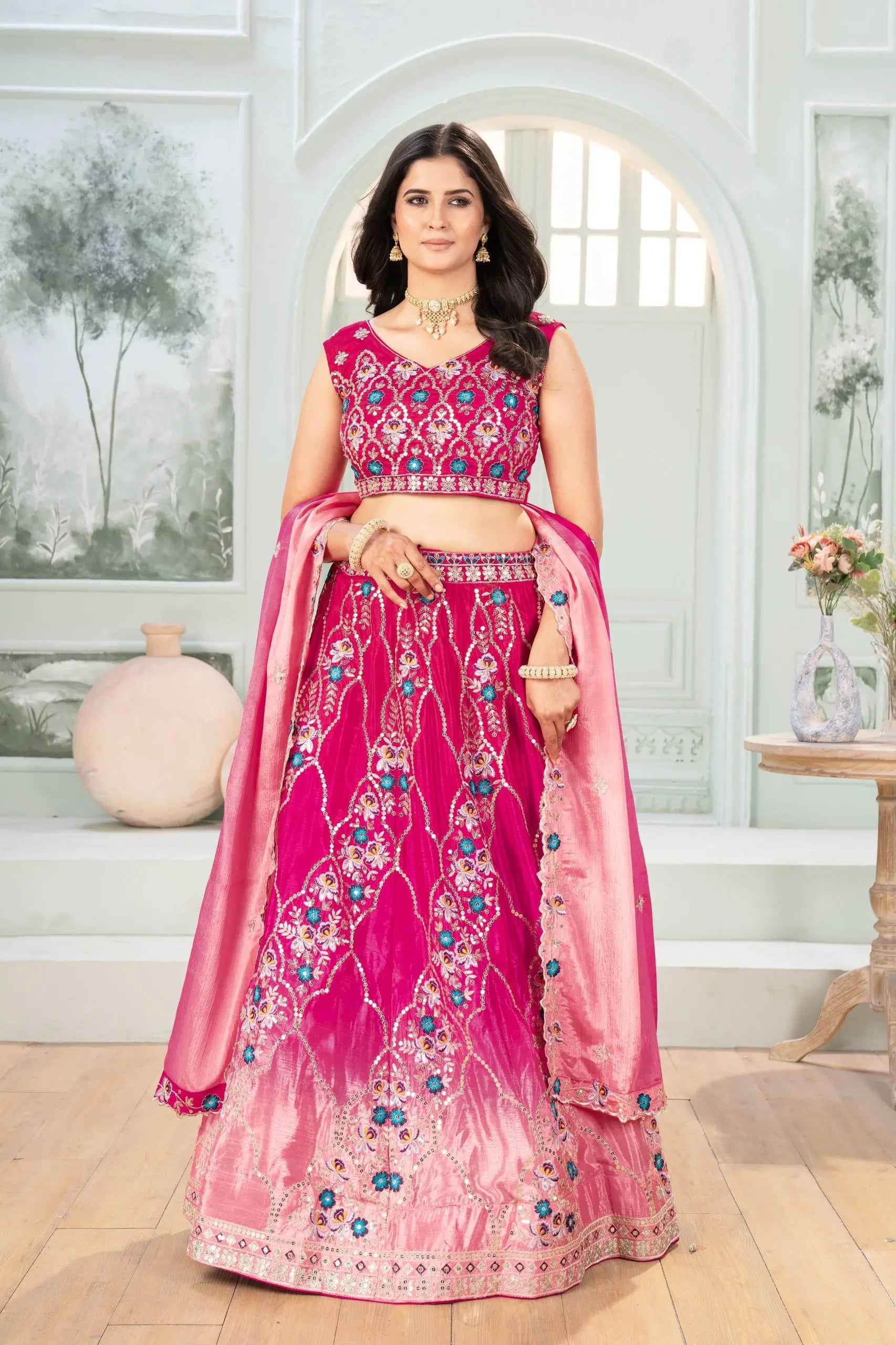 Chinon Silk Embroidered Lehenga Choli with Georgette Dupatta