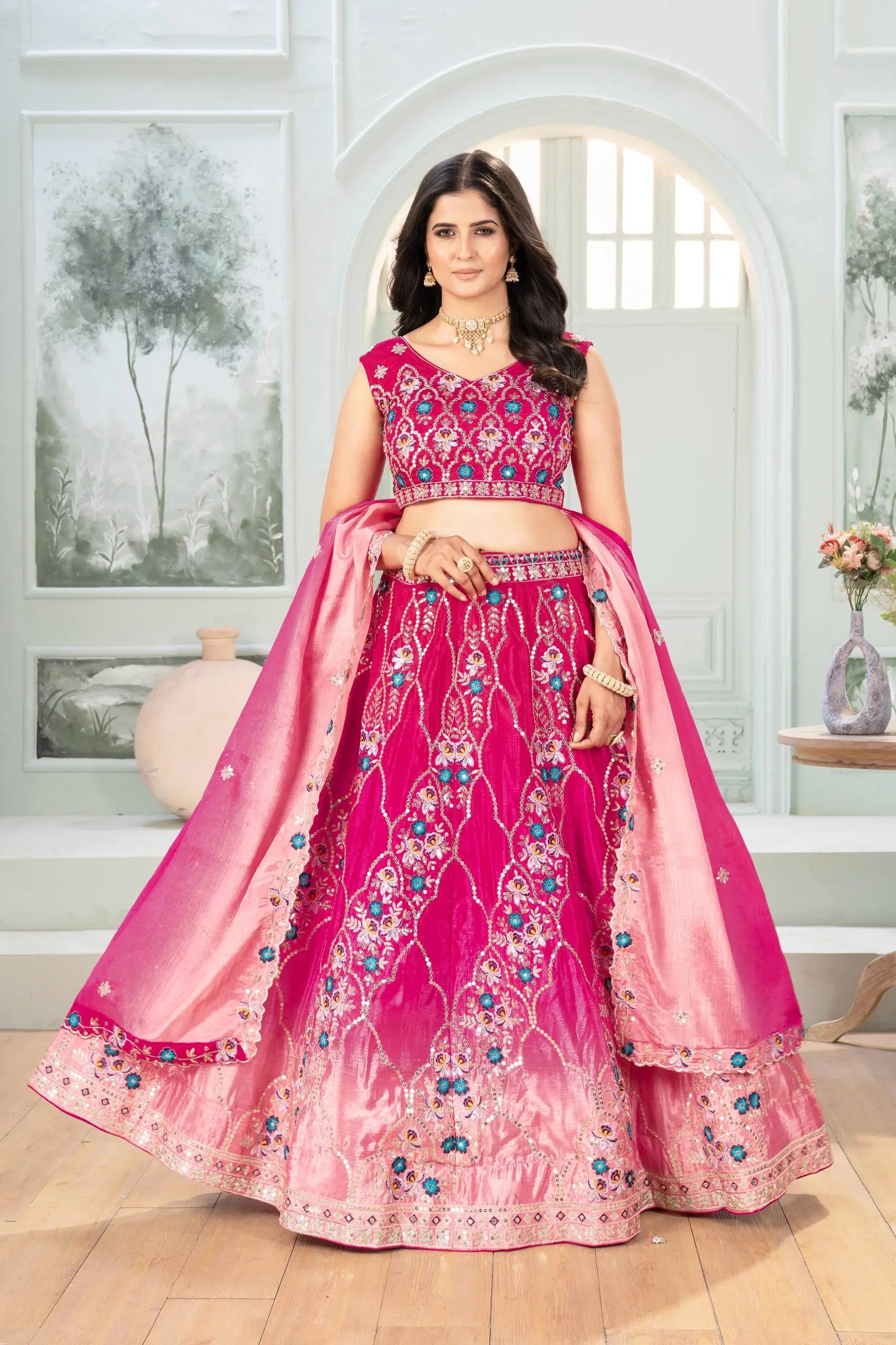 Chinon Silk Embroidered Lehenga Choli with Georgette Dupatta