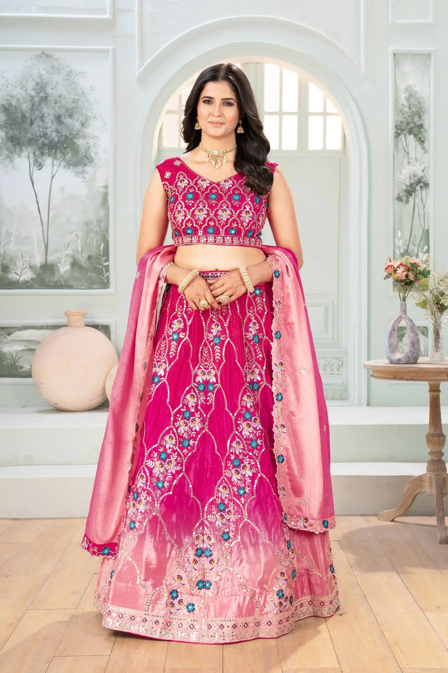 Chinon Silk Embroidered Lehenga Choli with Georgette Dupatta