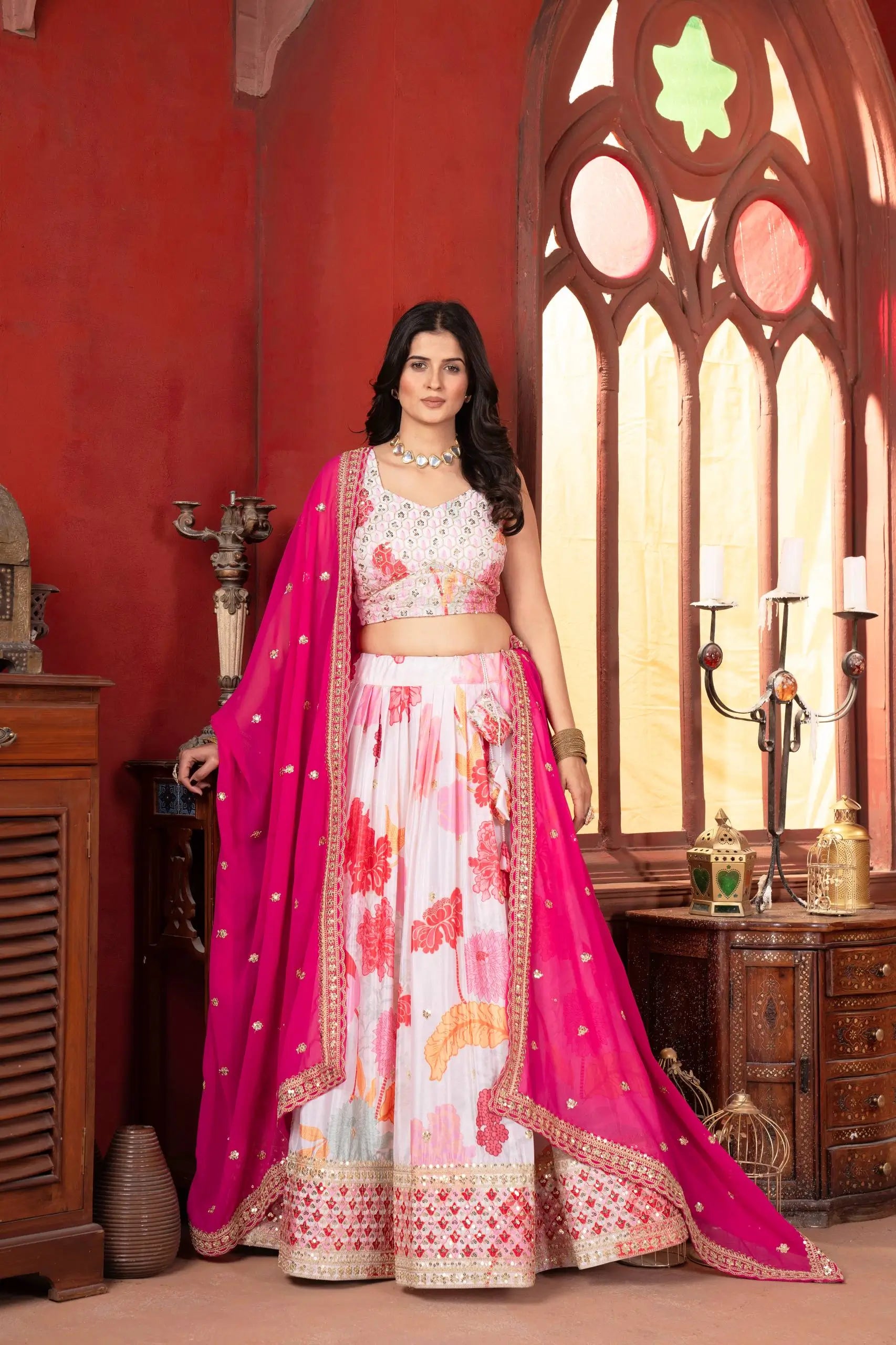 Chinon Silk Embroidered Lehenga Choli with Georgette Dupatta