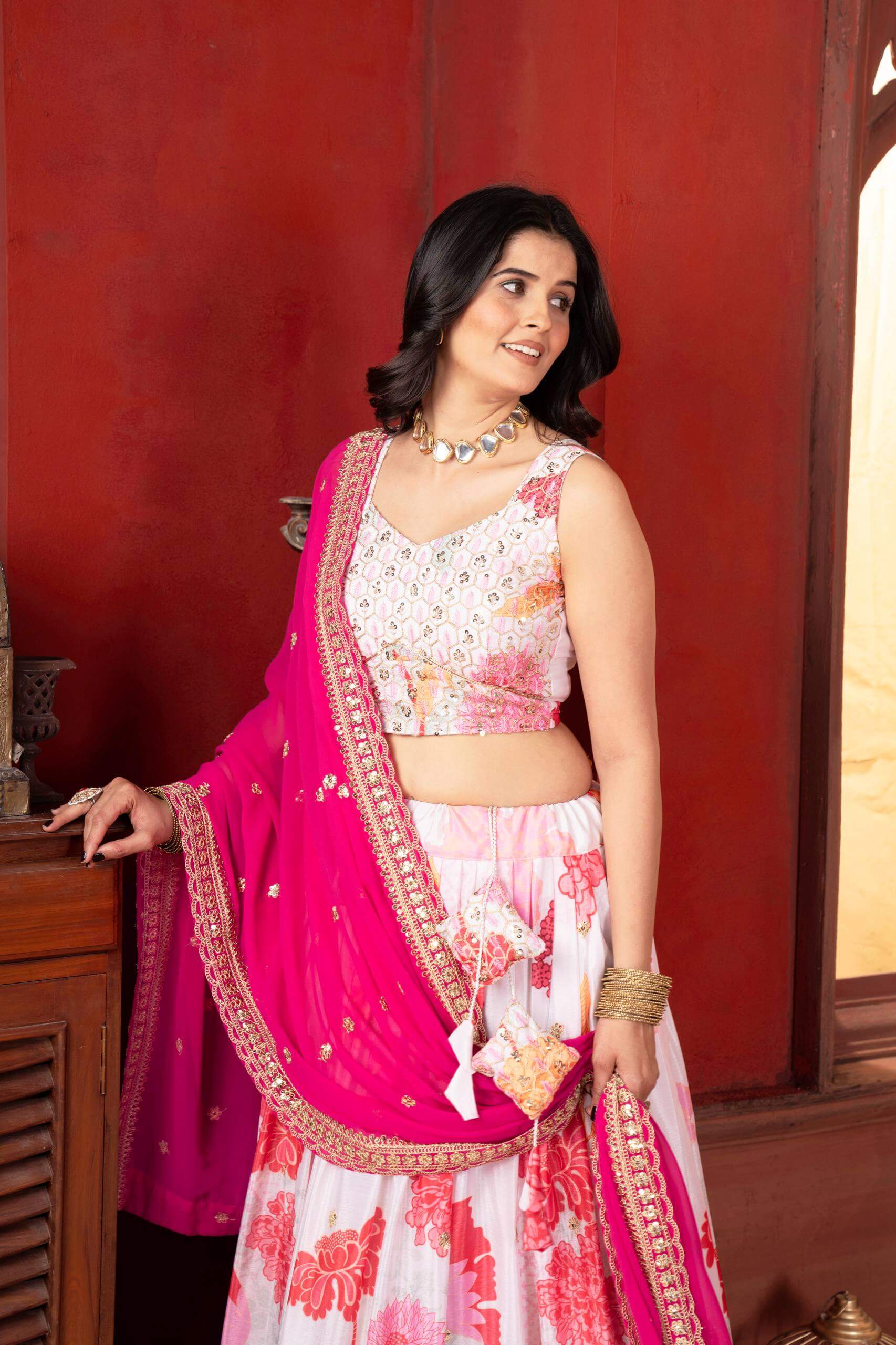 Chinon Silk Embroidered Lehenga Choli with Georgette Dupatta