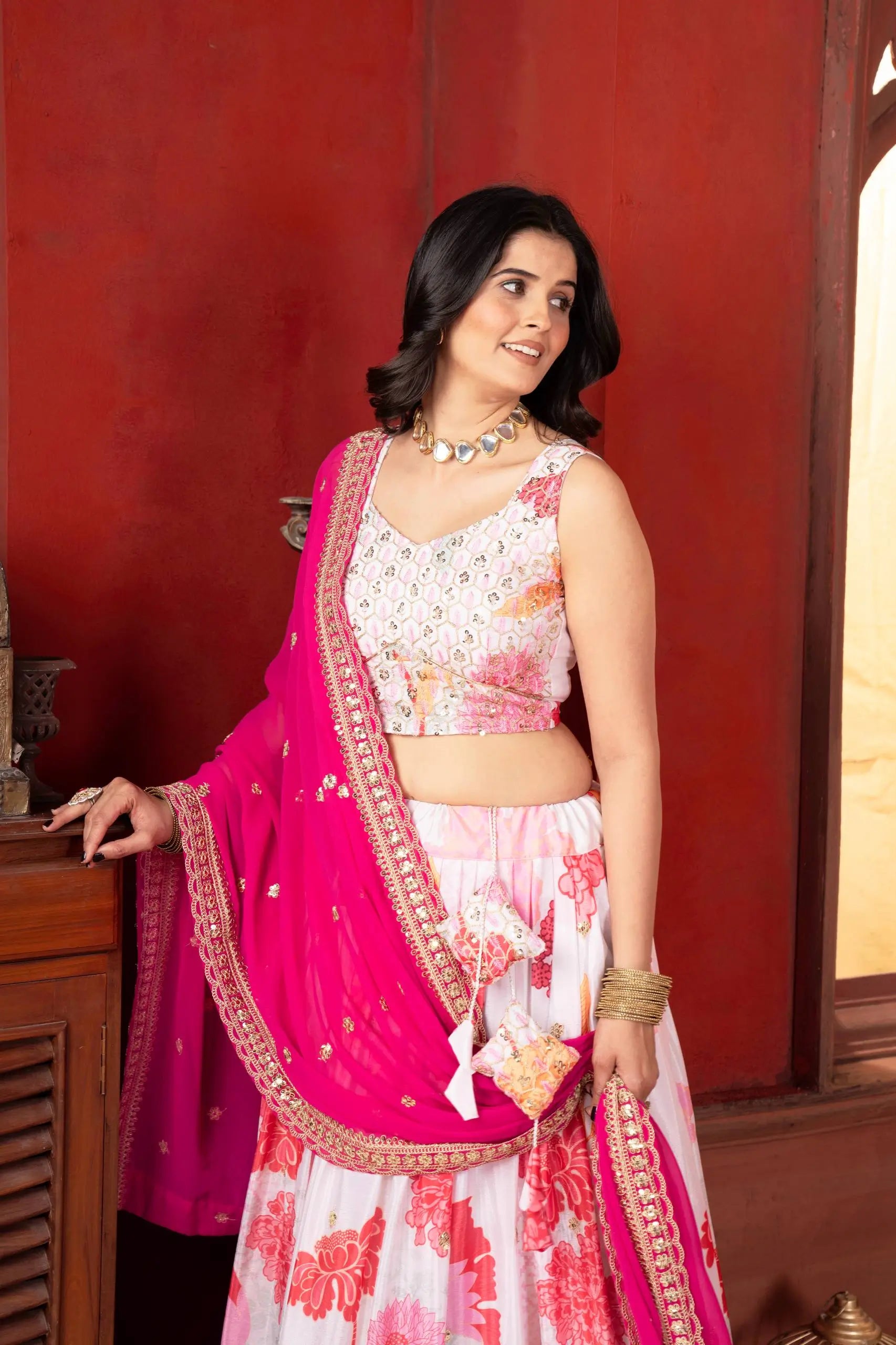 Chinon Silk Embroidered Lehenga Choli with Georgette Dupatta