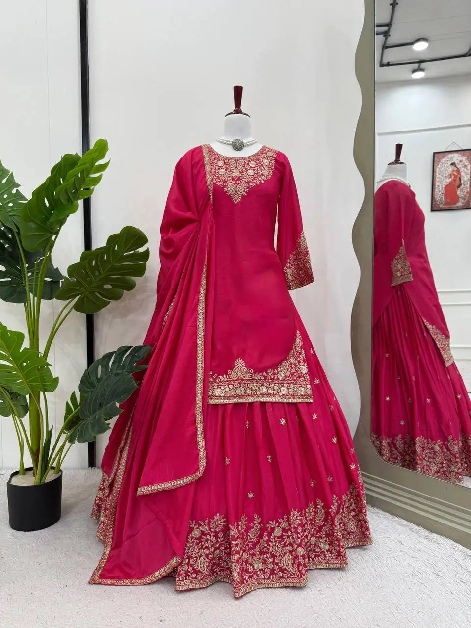 Chinon Silk Embroidered Lehenga Set with Dupatta – Multiple Colors