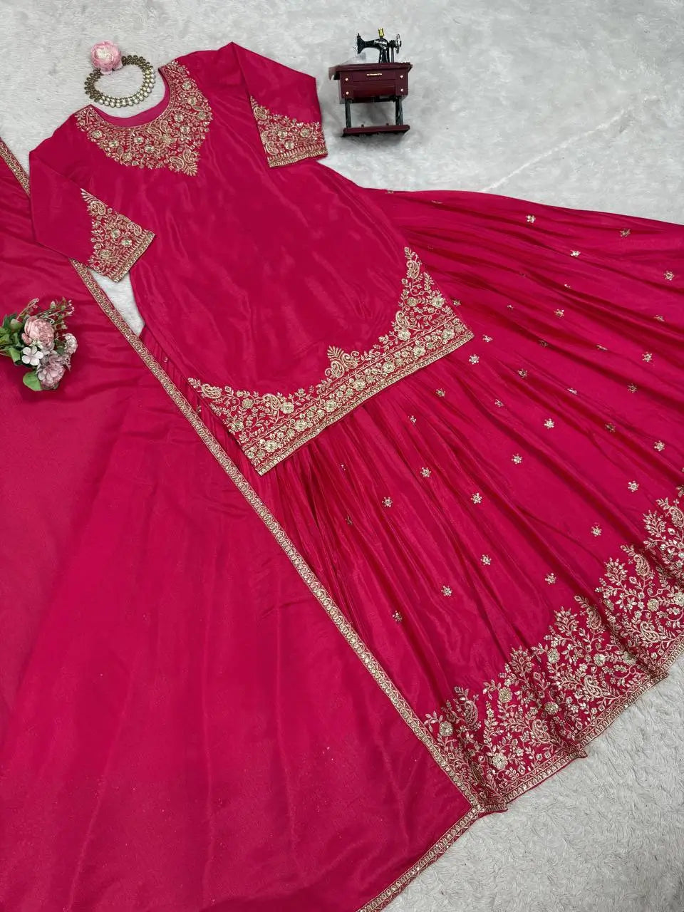 Chinon Silk Embroidered Lehenga Set with Dupatta – Multiple Colors