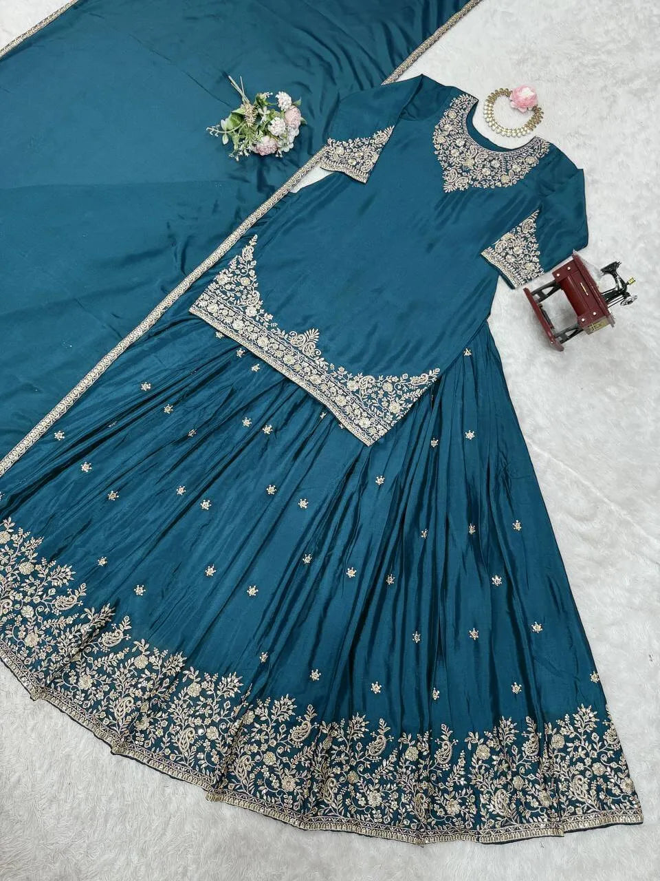 Chinon Silk Embroidered Lehenga Set with Dupatta – Multiple Colors
