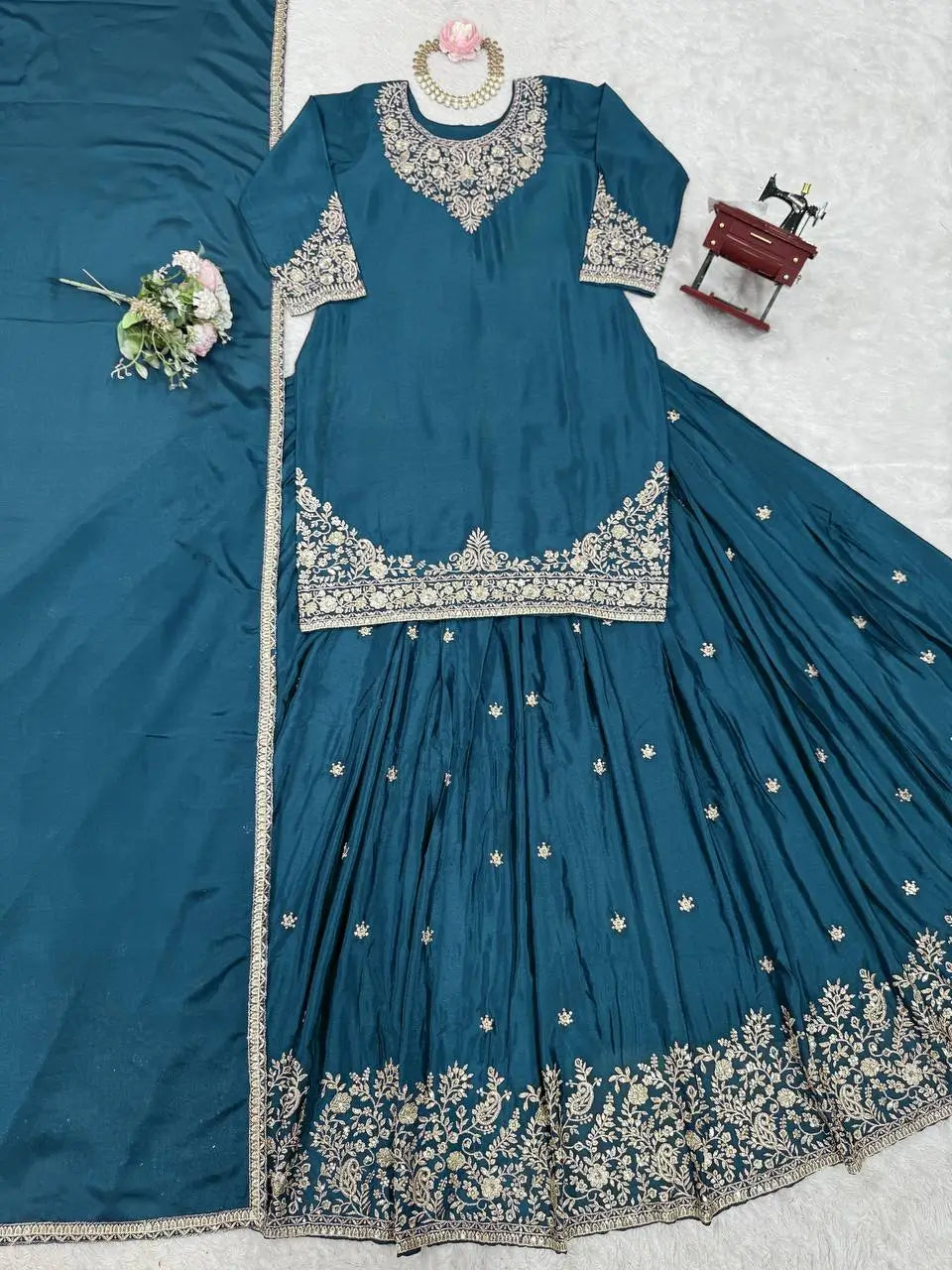 Chinon Silk Embroidered Lehenga Set with Dupatta – Multiple Colors