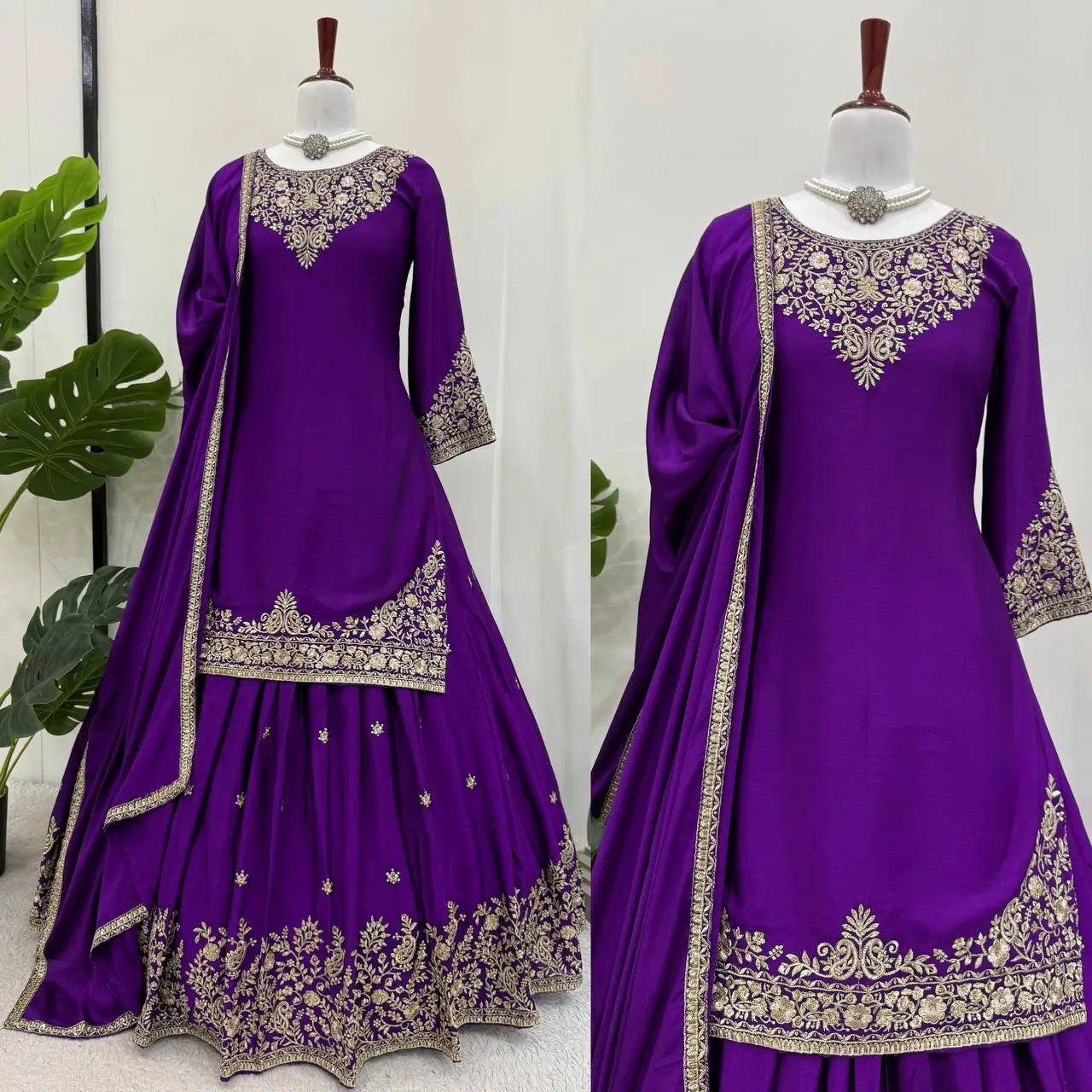 Chinon Silk Embroidered Lehenga Set with Dupatta – Multiple Colors