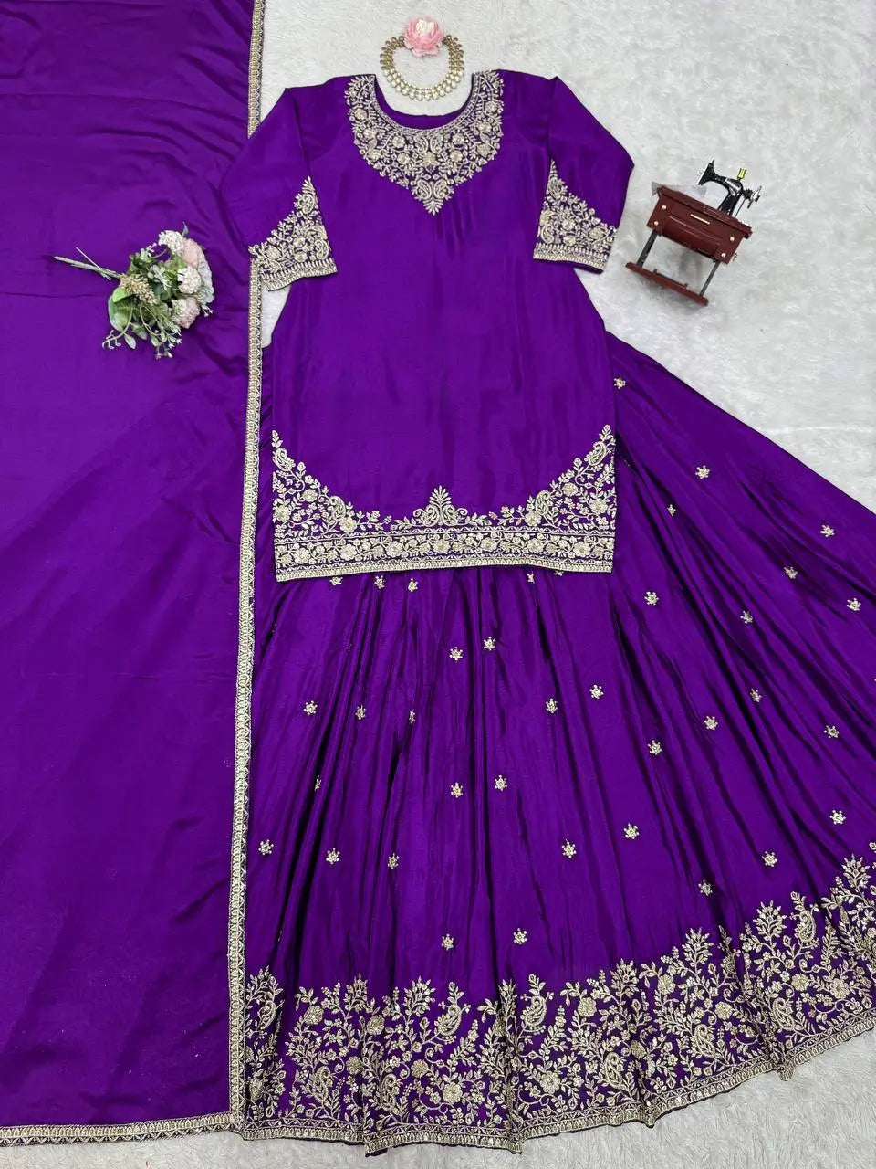 Chinon Silk Embroidered Lehenga Set with Dupatta – Multiple Colors