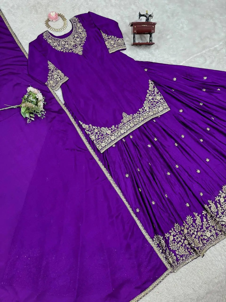 Chinon Silk Embroidered Lehenga Set with Dupatta – Multiple Colors
