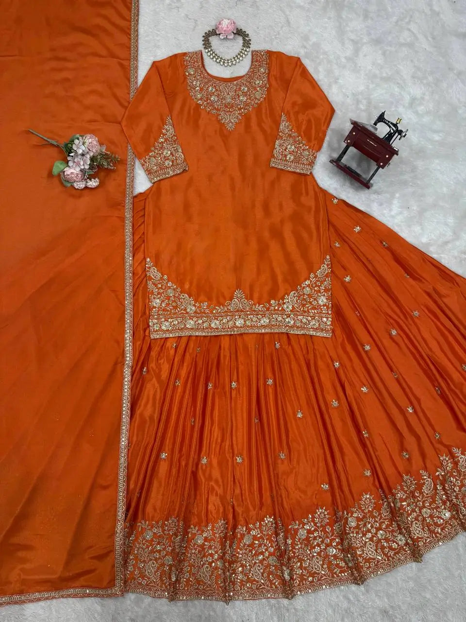 Chinon Silk Embroidered Lehenga Set with Dupatta – Multiple Colors