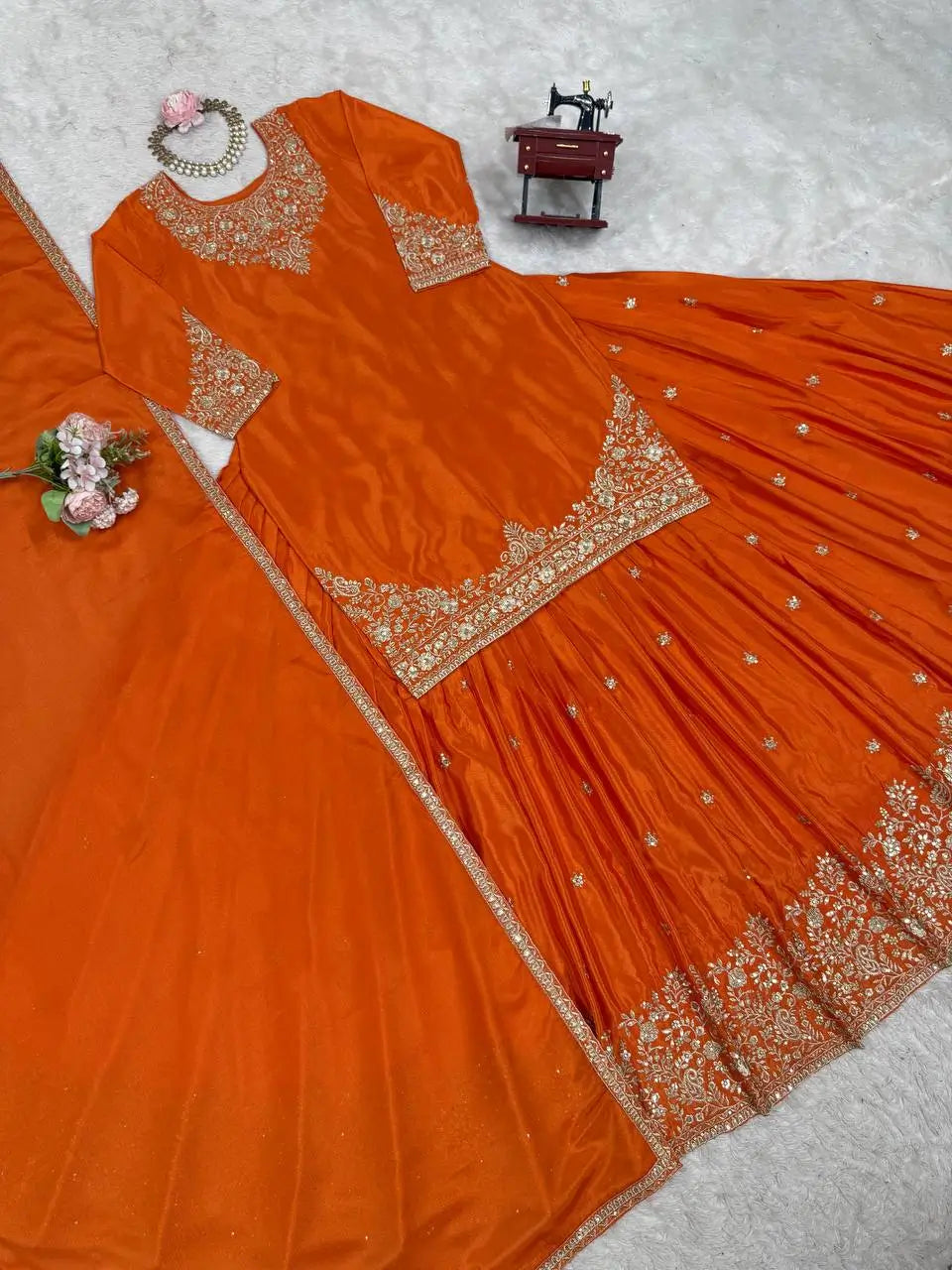 Chinon Silk Embroidered Lehenga Set with Dupatta – Multiple Colors