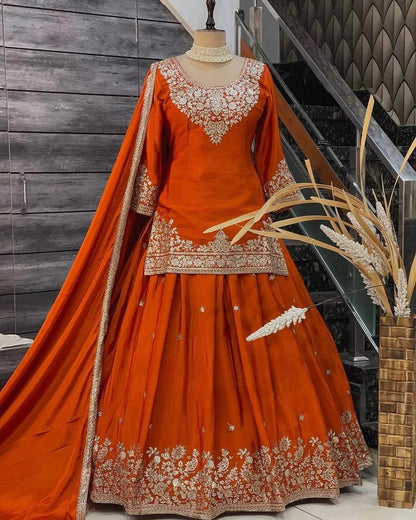 Chinon Silk Embroidered Lehenga Set with Dupatta – Multiple Colors