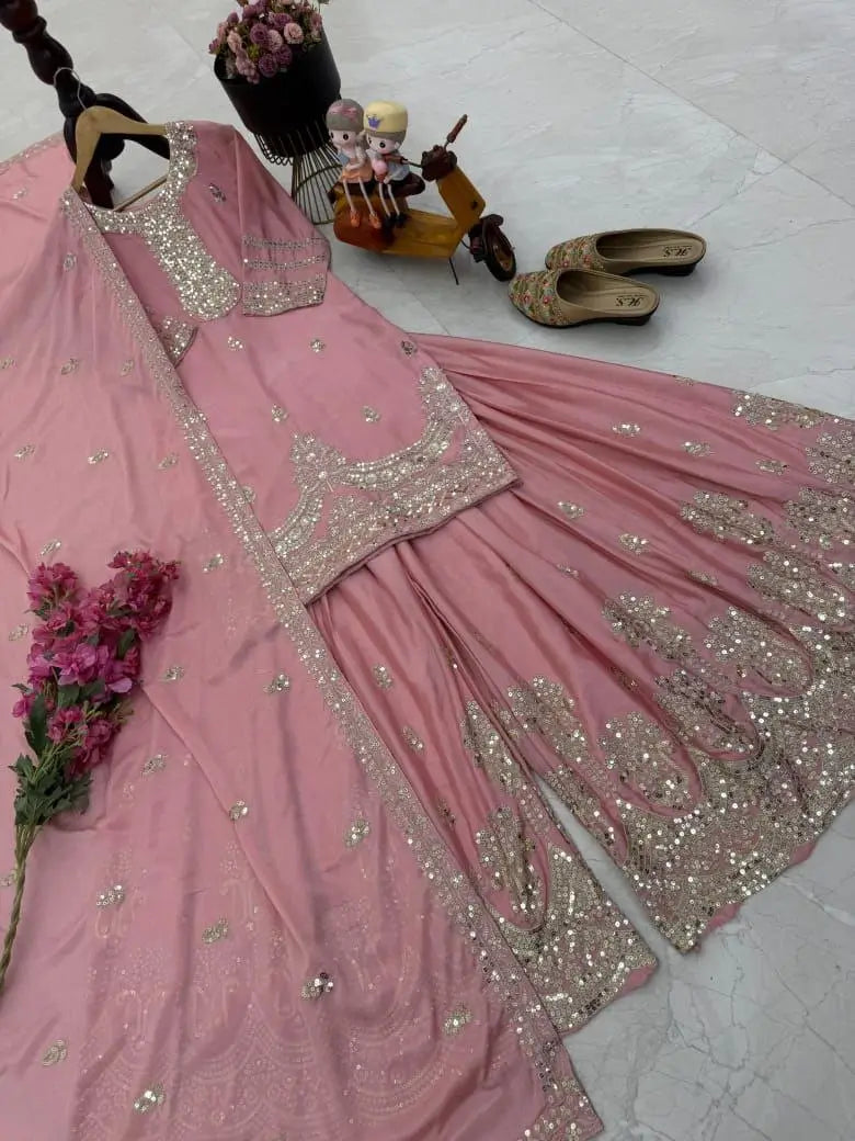 Chinon Silk Embroidered Palazzo Set with Dupatta – Fully Stitched & Ready to Wear