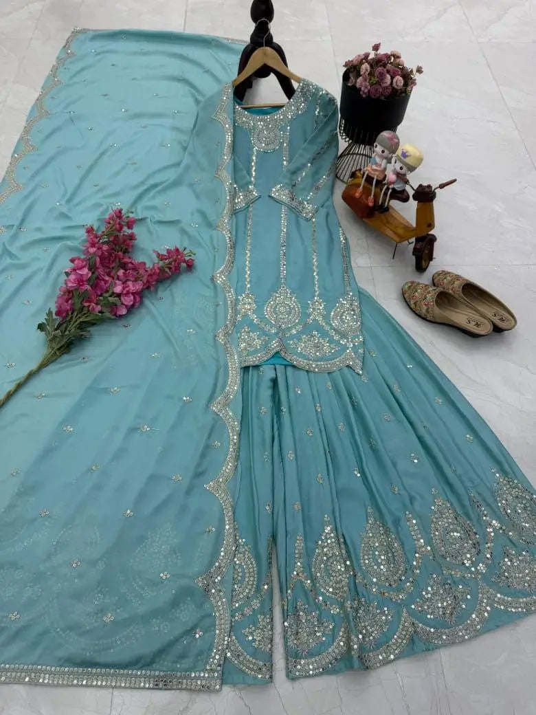 Chinon Silk Embroidered Palazzo Set with Dupatta – Fully Stitched & Ready to Wear