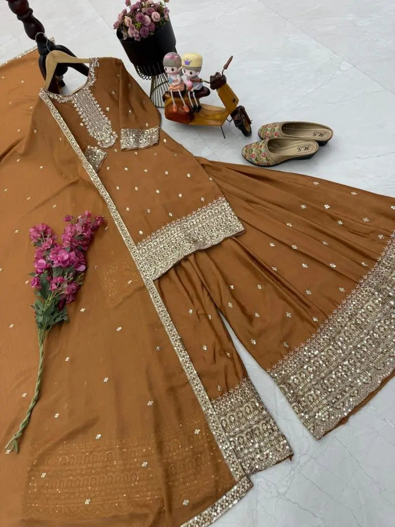 Chinon Silk Embroidered Palazzo Set with Dupatta – Fully Stitched & Ready to Wear