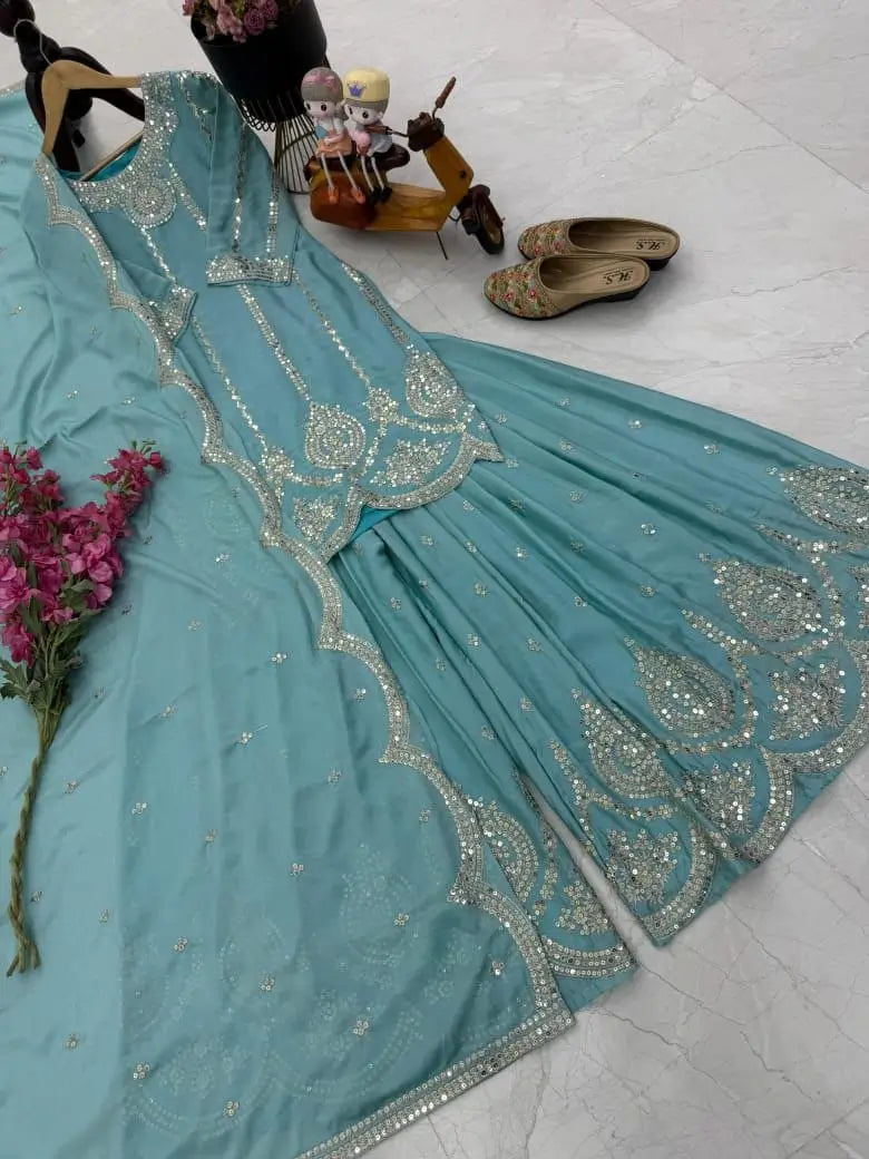 Chinon Silk Embroidered Palazzo Set with Dupatta – Fully Stitched & Ready to Wear