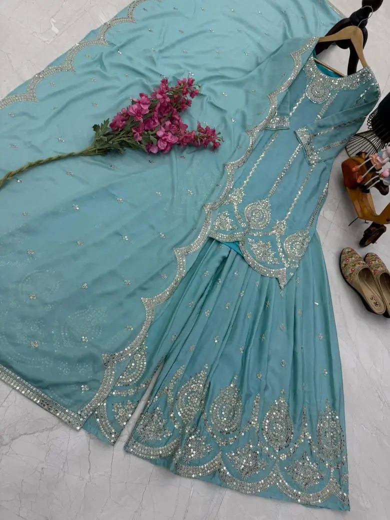 Chinon Silk Embroidered Palazzo Set with Dupatta – Fully Stitched & Ready to Wear