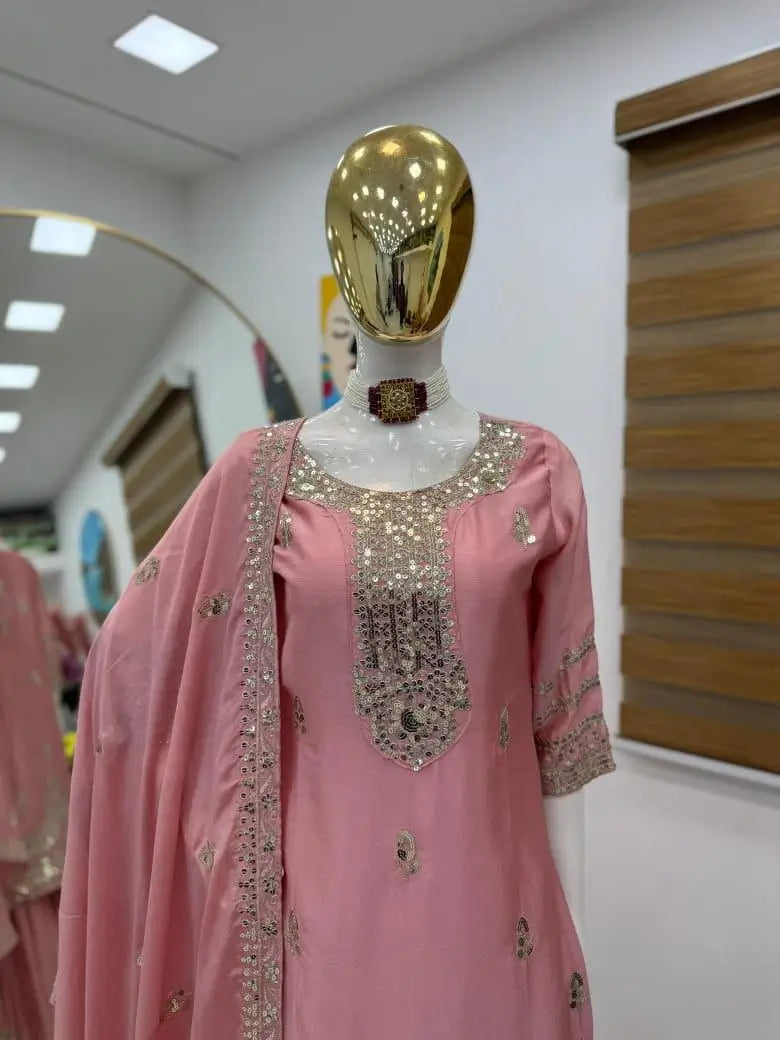 Chinon Silk Embroidered Palazzo Set with Dupatta – Fully Stitched & Ready to Wear