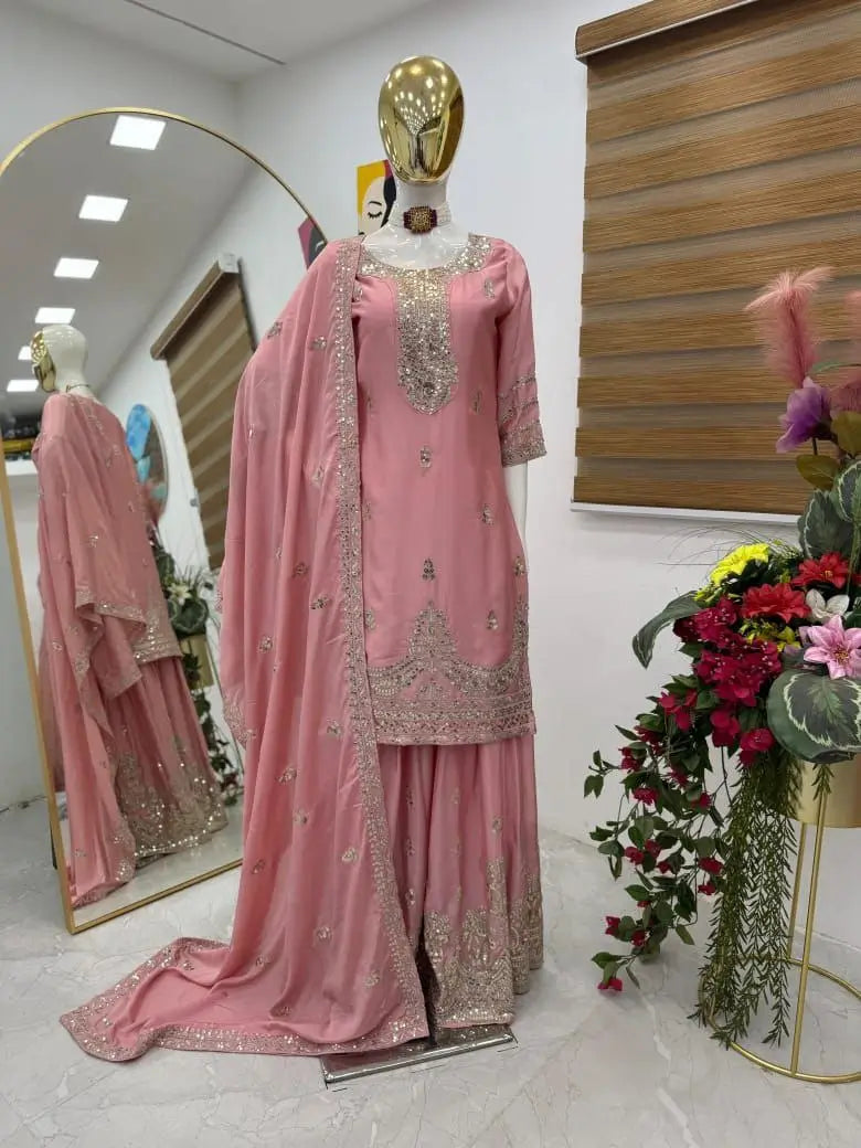 Chinon Silk Embroidered Palazzo Set with Dupatta – Fully Stitched & Ready to Wear