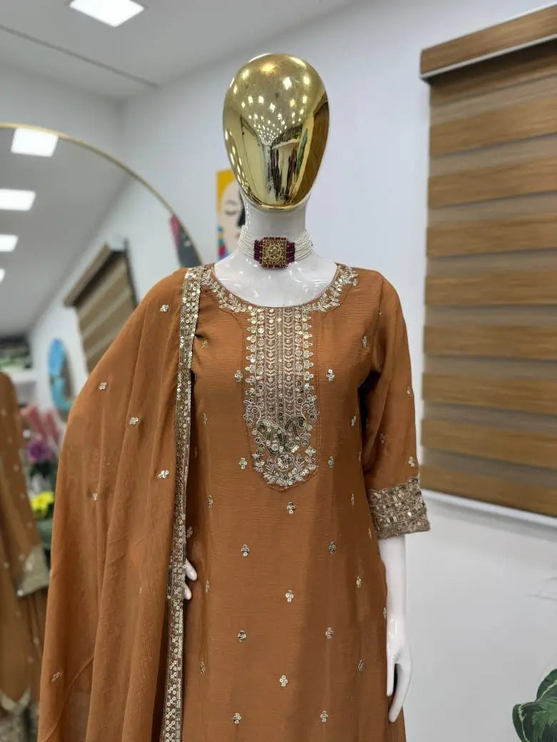 Chinon Silk Embroidered Palazzo Set with Dupatta – Fully Stitched & Ready to Wear