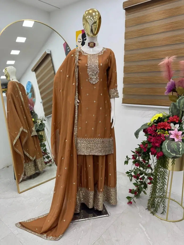 Chinon Silk Embroidered Palazzo Set with Dupatta – Fully Stitched & Ready to Wear
