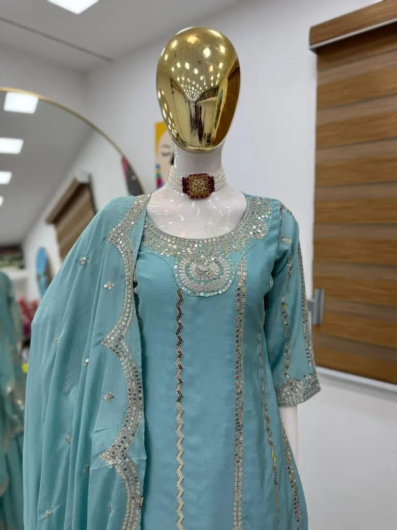 Chinon Silk Embroidered Palazzo Set with Dupatta – Fully Stitched & Ready to Wear