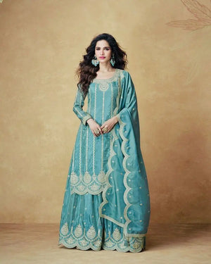 Chinon Silk Embroidered Palazzo Set with Dupatta – Fully Stitched & Ready to Wear