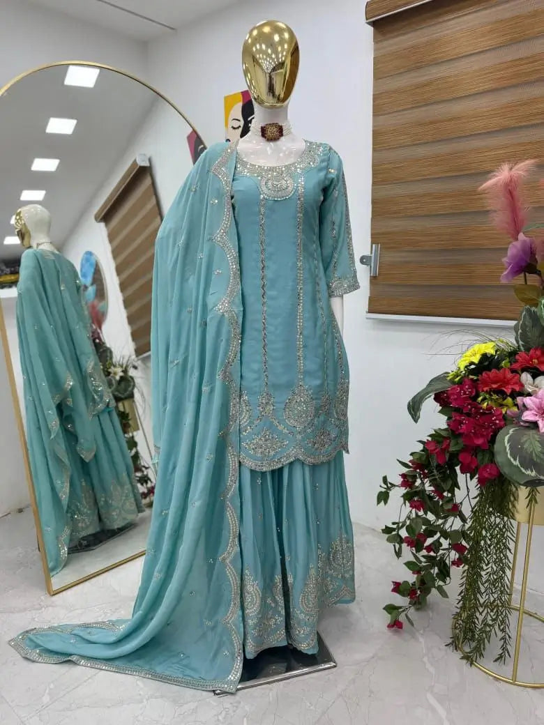 Chinon Silk Embroidered Palazzo Set with Dupatta – Fully Stitched & Ready to Wear