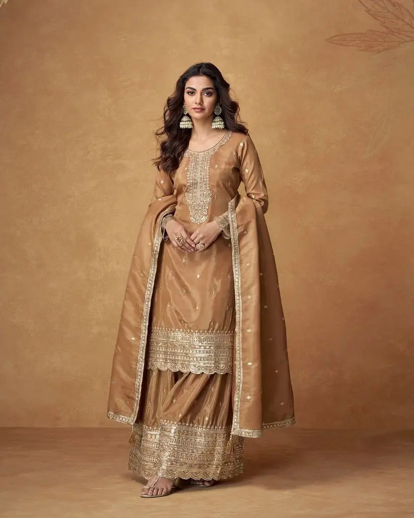 Chinon Silk Embroidered Palazzo Set with Dupatta – Fully Stitched & Ready to Wear