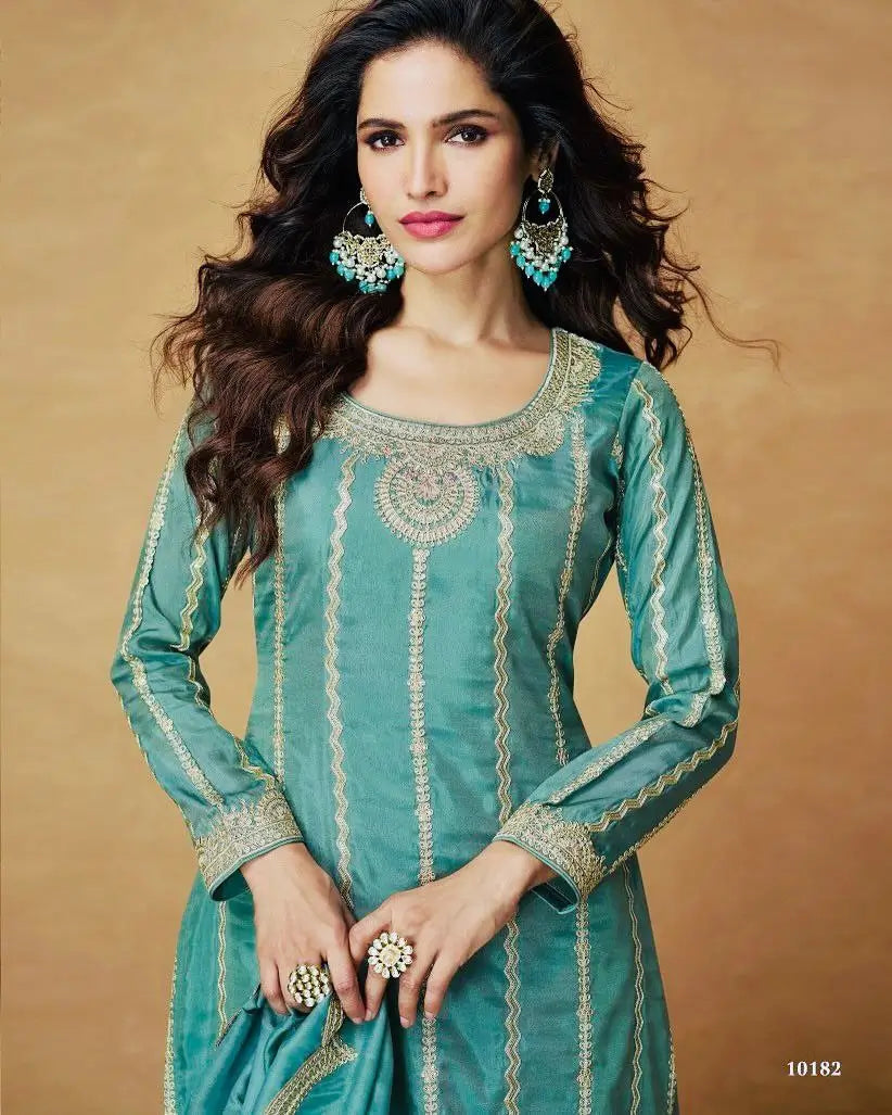 Chinon Silk Embroidered Palazzo Set with Dupatta – Fully Stitched & Ready to Wear