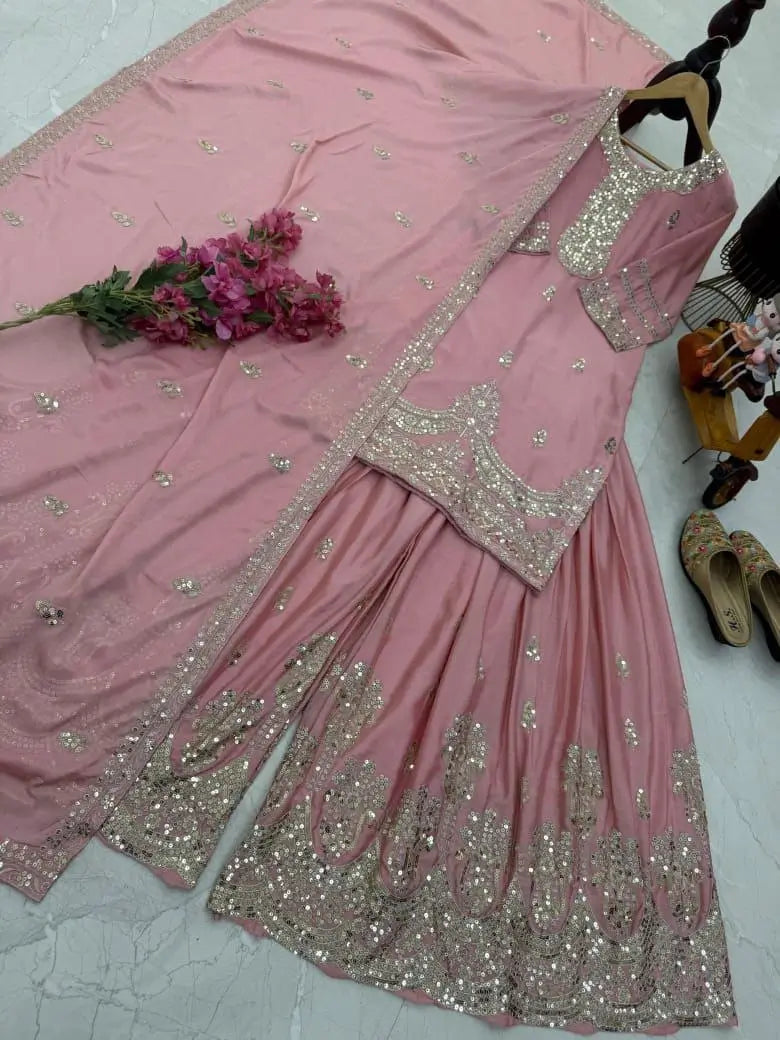 Chinon Silk Embroidered Palazzo Set with Dupatta – Fully Stitched & Ready to Wear