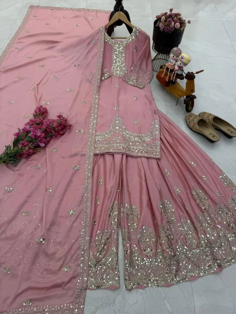 Chinon Silk Embroidered Palazzo Set with Dupatta – Fully Stitched & Ready to Wear