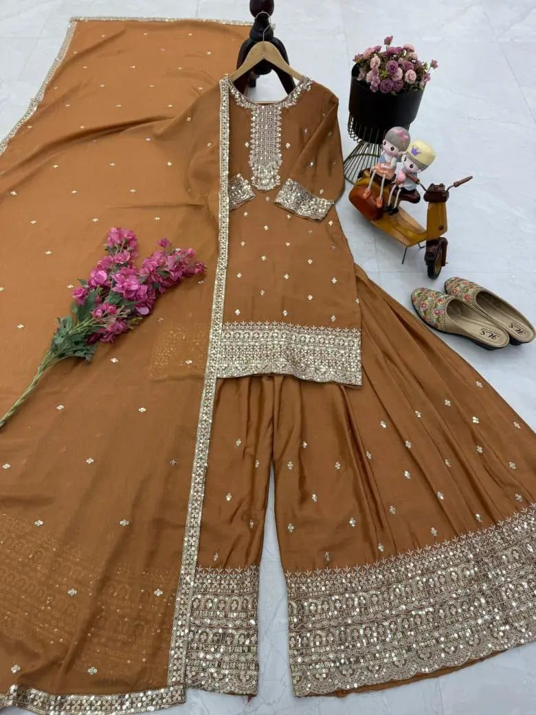 Chinon Silk Embroidered Palazzo Set with Dupatta – Fully Stitched & Ready to Wear