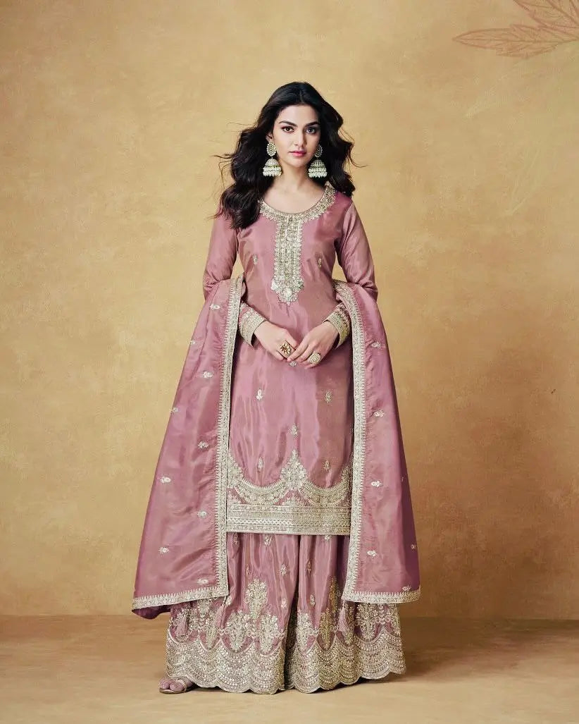 Chinon Silk Embroidered Palazzo Set with Dupatta – Fully Stitched & Ready to Wear