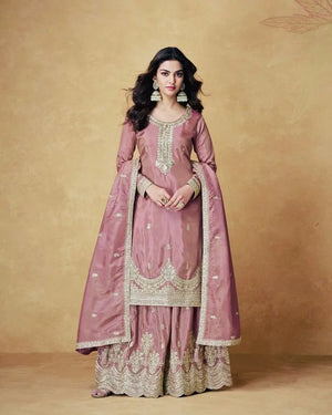 Chinon Silk Embroidered Palazzo Set with Dupatta – Fully Stitched & Ready to Wear