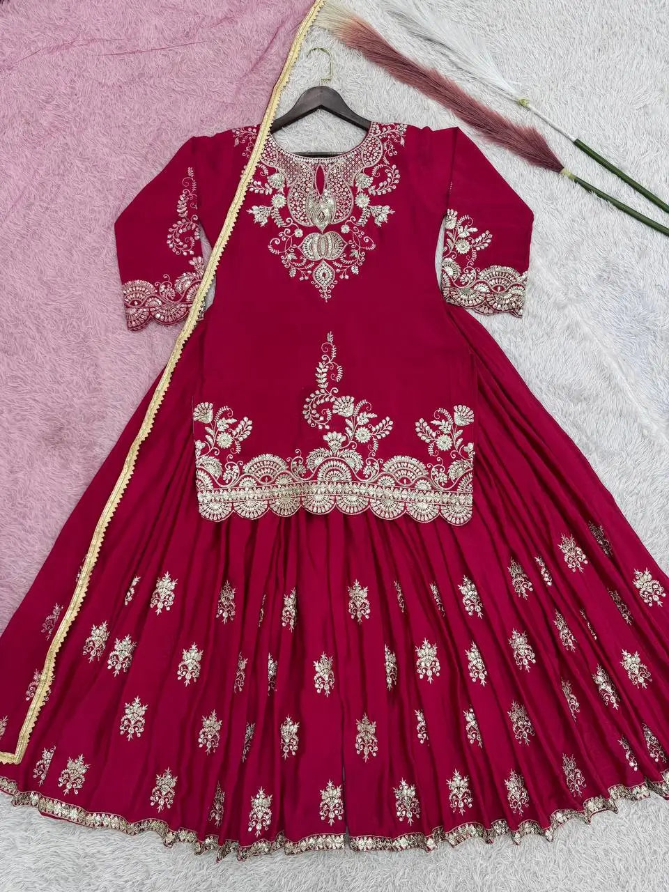 Chinon Silk Embroidered Palazzo Suit with Dupatta