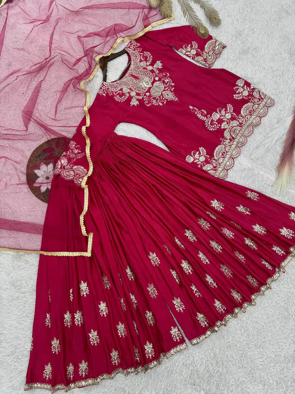 Chinon Silk Embroidered Palazzo Suit with Dupatta