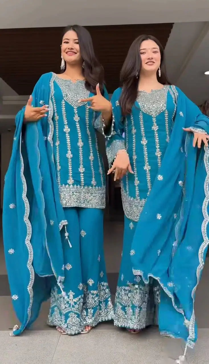 Chinon Silk Embroidered Palazzo Suit with Dupatta