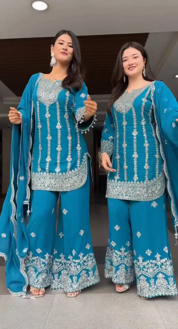 Chinon Silk Embroidered Palazzo Suit with Dupatta